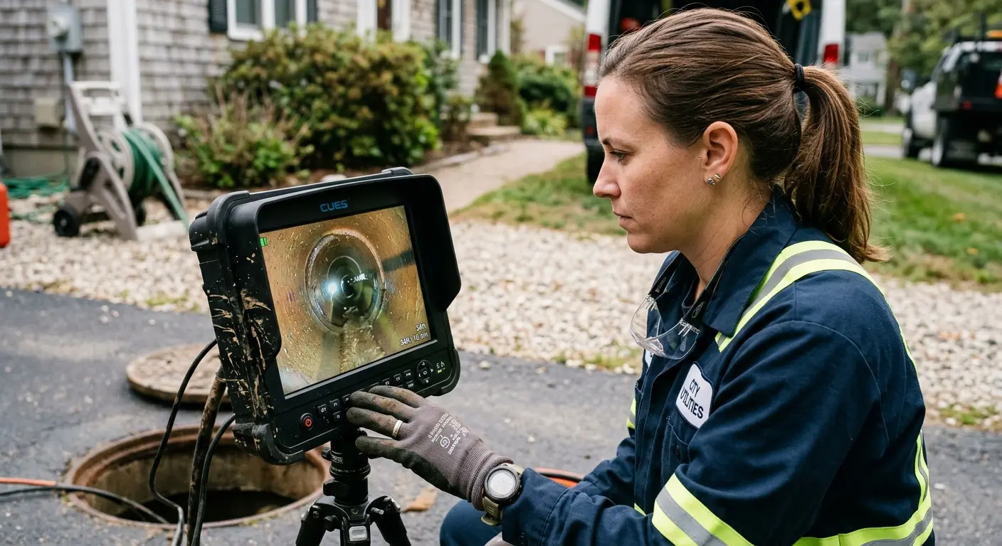 Technician reviewing sewer camera inspection footage in Manhattan Beach