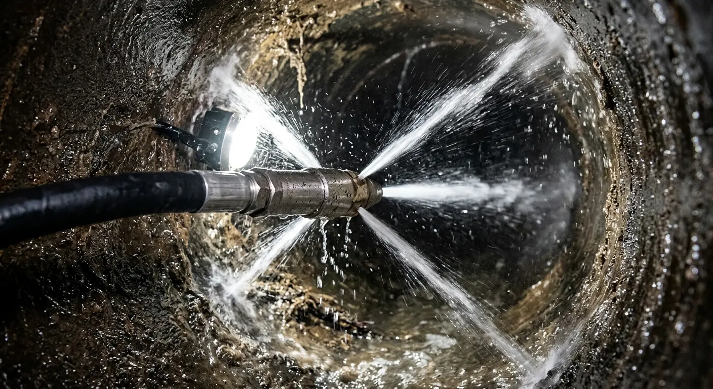 High-pressure hydro jetting nozzle cleaning sewer pipe for Storm Drain Cleaning in Manhattan Beach